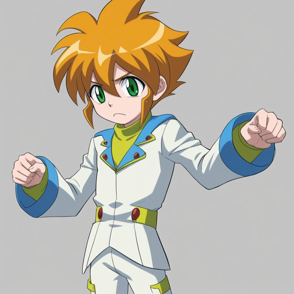 featuring a young boy with spiky, expressive green eyes. He has a wide, with prominent pupils, friendly expression. He is standing with his hands by his sides.  2., depicting a young boy with a dynamic pose. The boy has short, with a slight frown., leaning back on his hands while his legs are stretched out in front of him. He is dressed in a white outfit with a high collar