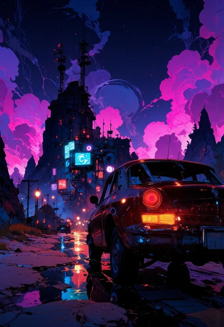 The retro-styled car now glows under the eerie luminescence of neon blue and magenta streetlights, reflecting the electric hues of a distant cybernetic city. The cracked desert highway shimmers with moisture from a recent drizzle, mirroring the neon signs flickering in the distance. The jagged rock formations are bathed in an otherworldly purple haze, their edges barely visible against a sky filled with swirling, stormy clouds. A radio tower hums in the distance, occasionally sparking with static. The driver’s dashboard glows softly, pulsing to the rhythm of a lo-fi synthwave track as the journey into the unknown takes a futuristic twist. Low-angle shot from the car’s back, capturing neon reflections on the wet road.
Anime art, Niji Stan Katayama Style