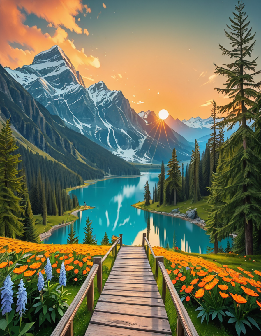 A breathtaking, high-resolution photograph of the most beautiful place on Earth, where natureâs wonders blend in perfect harmony. Towering, snow-capped mountains rise majestically in the background, their peaks glowing under the golden hues of a setting sun. Below, a crystal-clear turquoise lake reflects the colors of the sky, surrounded by lush, green forests filled with ancient trees, vibrant wildflowers, and cascading waterfalls. A soft mist rises from the valley, adding a dreamlike quality to the scene. In the distance, rolling meadows stretch toward the horizon, dotted with colorful flowers and serene wildlifeâgraceful deer grazing, birds soaring in the sky, and butterflies dancing in the breeze. A wooden footpath winds through the landscape, leading to a secluded, tranquil spot where the beauty of nature can be fully admired. The air is crisp and filled with the soothing sounds of rustling leaves, flowing water, and distant birdsong. The sky above is a masterpiece of colorsâdeep oranges, purples, and pinks blending seamlessly as the sun sets, casting a magical glow over this untouched paradise. The atmosphere is peaceful, awe-inspiring, and filled with a deep sense of wonder and tranquility, as if stepping into a perfect dream.
<lora:SDXLFaeTastic2400:0.4> <lora:extremely_detailed:0.4> extremely detailed,Earth P4r4d1s3, <lora:Earth_P4r4d1s3-i:1>, Masterpiece,best quality,hi res,8k,hi res,8k,award winning,(sharp focus, intricate, highly detailed),