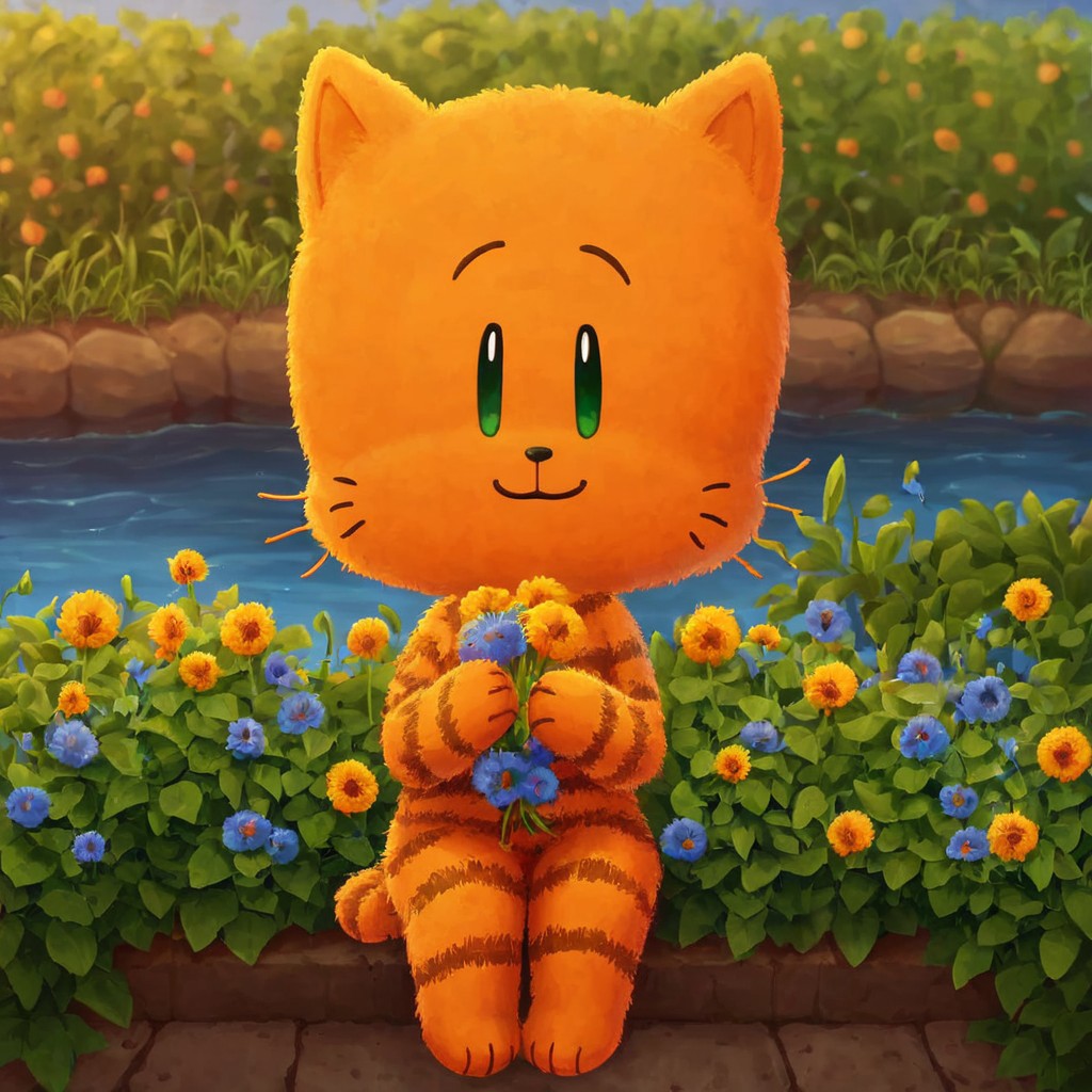 furry, 1boy, solo, male, furry male, cat boy, lil_petey, cute, sitting, looking at viewer, dot eyes, green eyes, orange fur, fluffy, eps, smile, holding flowers, outdoors,  sitting, water,