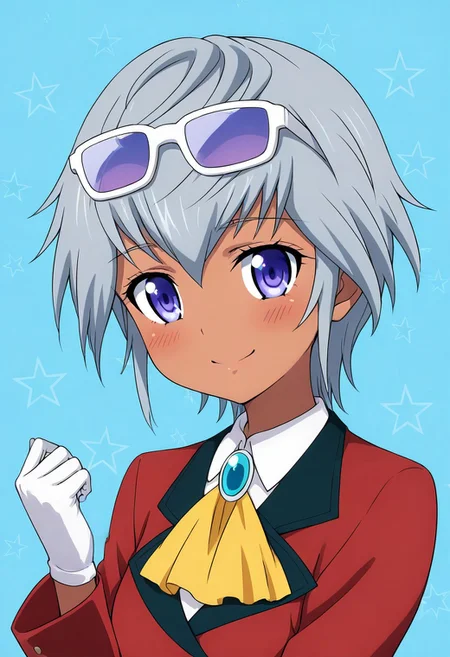 Asana Mutsuba, 1girl, solo, dark skin, short hair, grey hair, white hair, blue eyes, purple eyes, white shirt, blue brooch, red coat, yellow ascot, white gloves,
upper body, face focused, google glasses, google on head, hand on the back, hand on behind, blush, looking at viewer, smile, simple background, stripped background, yellow stripe background, blue background, stars on background,