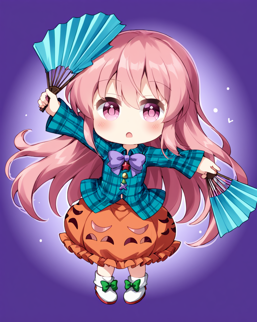 hata no kokoro,1girl, solo, plaid_shirt, long_sleeves, bubble_skirt, open_mouth, holding_fan, footwear_bow, full_body, mask_on_head, collared_shirt, purple_background, blush, purple_bow, green_bow, bowtie, circle, green_shirt, character_name, aqua_shirt, white_footwear, orange_skirt, triangle, blue_bow, folding_fan, signature, boots, chibi
<lora:hata_no_kokoro_image5070_2023-12-20:1>,star-shaped_pupils,symbol-shaped_pupils,. gorgeous,key visual, vibrant, studio anime,award-winning, professional, highly detailed,high budget, cinemascope