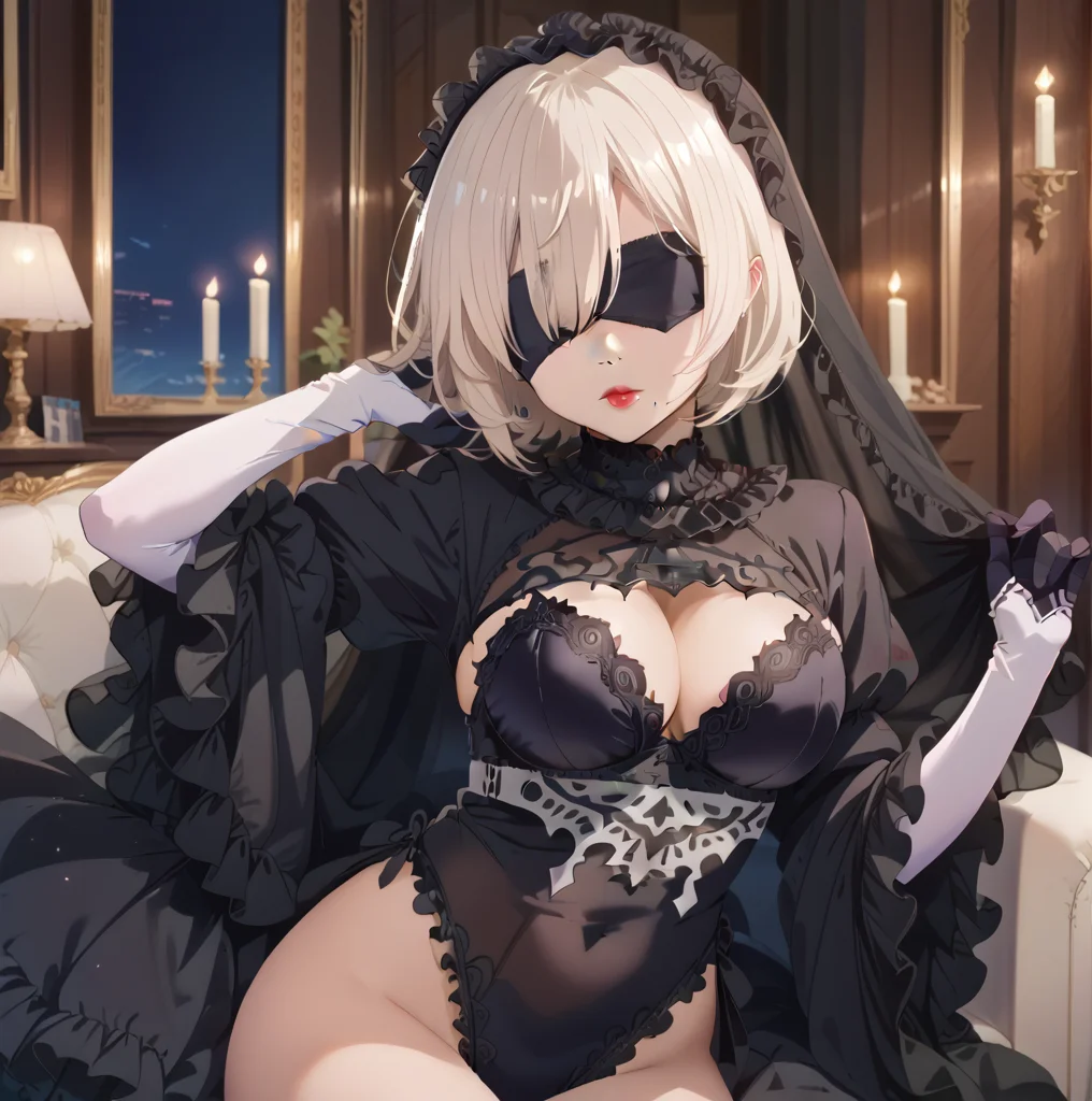 score_9, score_8_up, score_7_up, best quality, masterpiece, source_anime, rating_safe , zPDXL2, BREAK, 1girl, large breast, hair over one eye,blindfold<lora:yorha2b10outfit:1>, yorha2b, 2bblackbride, Lounging with one hand behind the head <lora:AmaiAnimePony:1>