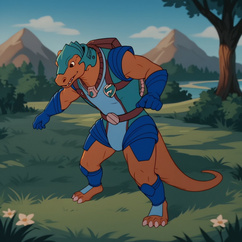 score_9, score_8_up, score_7_up, score_6_up, score_5_up, score_4_up, source_furry, AlloDinos, anthro, male, Allosaurus, brown skin, blue armor, blue gloves, teal helmet, barefoot, outside,