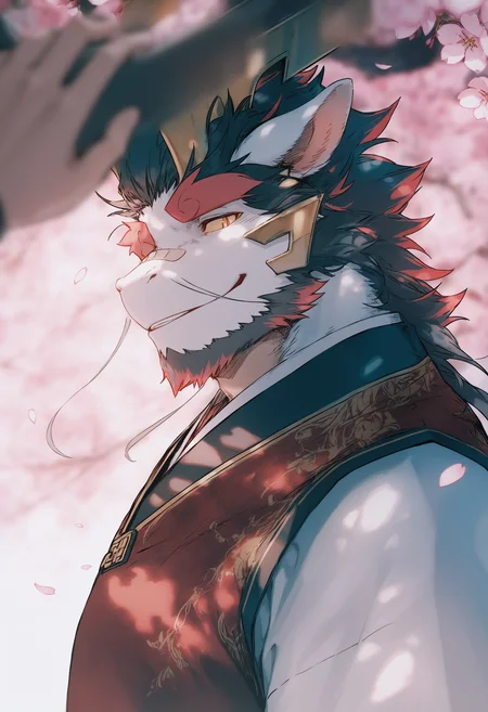 masterpiece, best quality, dragon boy, multicolored hair, yellow sclera, <lora:Tarjumdad-NOOB-0530-000100:1> Tarjumdad, male focus, furry, facial hair, furry male, dragon boy, 1boy, bara, huge eyebrows, solo focus, horns, red hair, dragon horns, beard, thick eyebrows, mature male, petals, falling petals, flower, upper body, chinese clothes, looking at viewer, 2boys, bandaid, smile, goatee, short hair, cherry blossoms, pov, thick beard, <lora:KonyaKarasue-Lokr-NOOBEPS110-000040:1> wanke, hiten \(hitenkei\), solo, ciloranko, solo focus, black hair, red hair