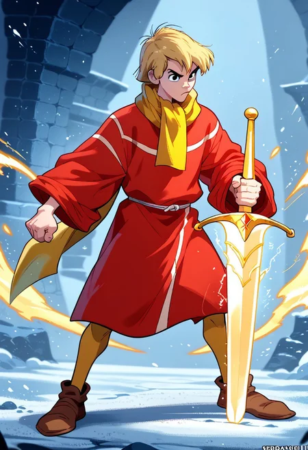 Saltydogstyle, score_9, score_8_up, score_7_up, CuteCartoonStyle,action pose, attacking stance, stabing stance, dynamic pose, 1boy, solo, male focus, Arthur, Blonde Hair, Black Eyes, Red Robe, Yellow Scarf, Tan Leggings, Brown Shoes, SaltyDogStyle, digital artwork, powerful, muscular male, muscular character, standing, holds a glowing ethereal sword, golden sword's hilt, 1boy, male, focus,, weapon, solo, holding, holding, weapon, sword, full, body, 1boy, male, focus, weapon, solo, holding, holding, weapon,