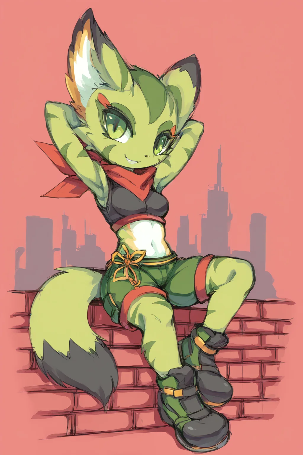 Feminine, intricate, score_9, score_8_up, score_7_up, score_6_up, score_5_up, carol tea, furry, scarf, tanktop, black-yellow gloves, fingerless gloves, midriff, brocade-knot belt, green-red cargo shorts, looking at viewer, medium breasts, sitting on brick wall, city background, urban, ((cityscape)), arms behind head, relaxed, looking at viewer, black-green boots
<lora:pony_good_hands:1>, good_hands, better_hands,
BREAK
horny, seductive, alluring,
BREAK
scene, (((red background))), boxed background, outdoor, dark setting, dynamic background, <lora:Carol_Tea:1>