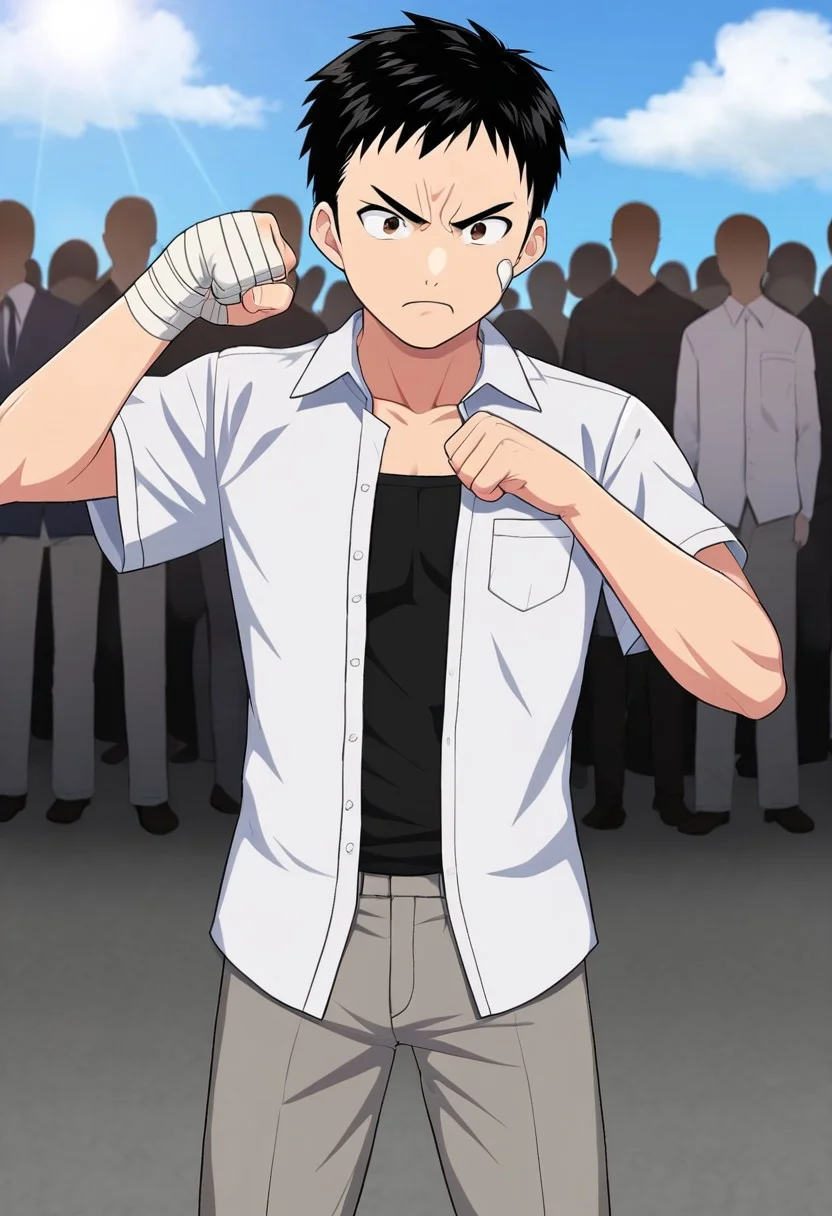 harmard, black hair, short hair, brown eyes, 1boy, solo, solo focus, wear white shirt, unbuttoned shirt, chest pocket, black t-shirt, grey pants, plaster on cheek, bandage on hands, outdoor, fight pose, furious expression, BREAK crowd, (faceless woman:1.40), young man