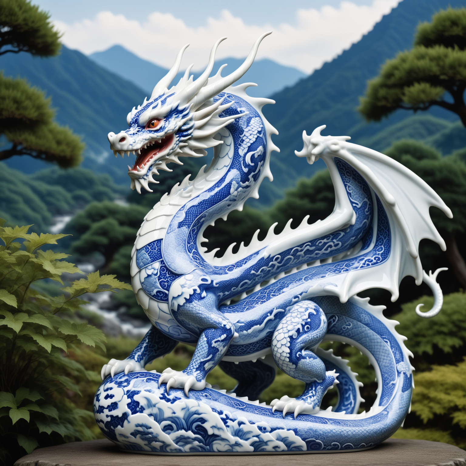 a Dragon made out of Bluepatternporcelain standing in a beautiful landscape,  <lora:BluePatternPorcelainStyle:0.7>