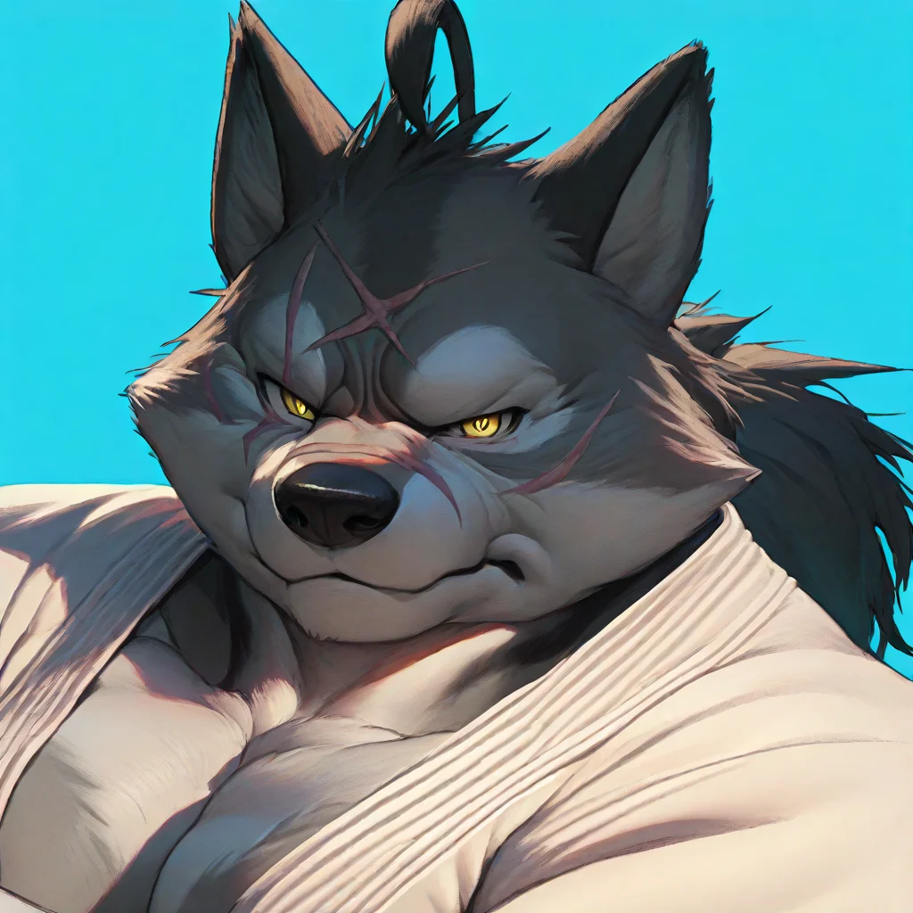 score_9, score_8_up, score_8, furry, Ten, wolf, grey fur, yellow pupils, scars, ponytail, cartoon style, 2d, muscular male, huge pecs, solo, upper body focus, face close up, white robe, arms crossed, looking at viewer, stoic expression, blue background