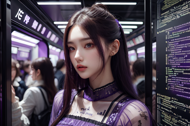 highly insanely detailed, masterpiece, top quality, best quality, highres, 4k, 8k, RAW photo, (very aesthetic, beautiful and aesthetic),  
(code_style,codestyle),english text,(sympattern,geometric pattern),vignette, 
<lora:CodeStyle (half generic class)_564920:0.5>, 
(1girl:1.3), 1other, 
crowded train interior,(pure purple background,transparent background:1.2),âââ