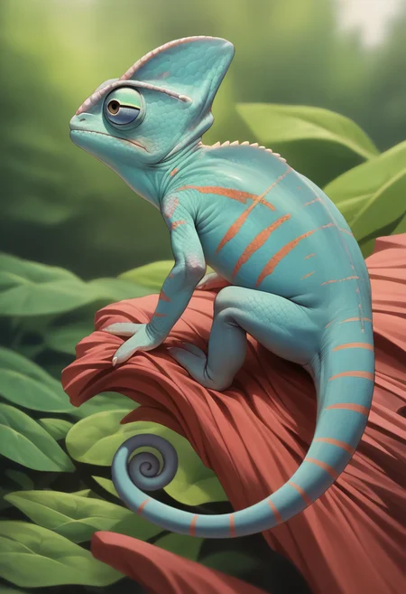 score_9, score_8_up, score_7_up, source_anime, Chameleon, lizard, back spikes, feral, scales, outdoors, blue chameleon, <lora:ChamChameleonPonyXL:1.0>