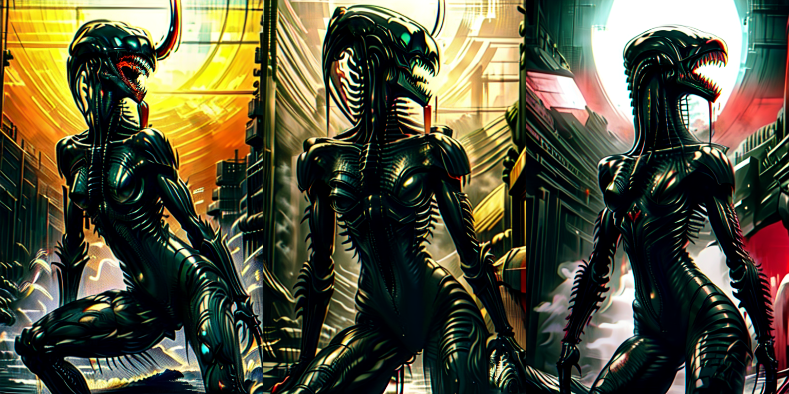 (otherworldly), highly insanely detailed, masterpiece, top quality, best quality, highres, 4k, 8k, RAW photo, (very aesthetic, beautiful and aesthetic), 
__lazy-wildcards/cosplay-char/alien-predator/xenomorph/prompts__, 
<lora:FemXeno:0.8>, 
(1girl:1.3), eyes focus, 
__lazy-wildcards/dataset/background__,âââ