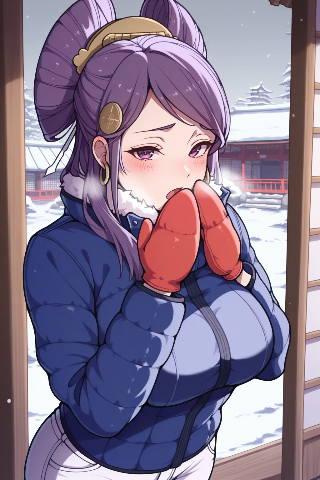 masterpiece, best quality, 1girl, solo, <lora:feorochi-illu-nvwls-v1_1-000006:1> or0ch1, double bun, purple eyes, purple hair, hair ornament, hoop earrings, large breasts, blue jacket, winter jacket, cold, white pants, snow, japanese architecture, looking at viewer, mittens, tired, blush, open mouth, hands to mouth, grey sky