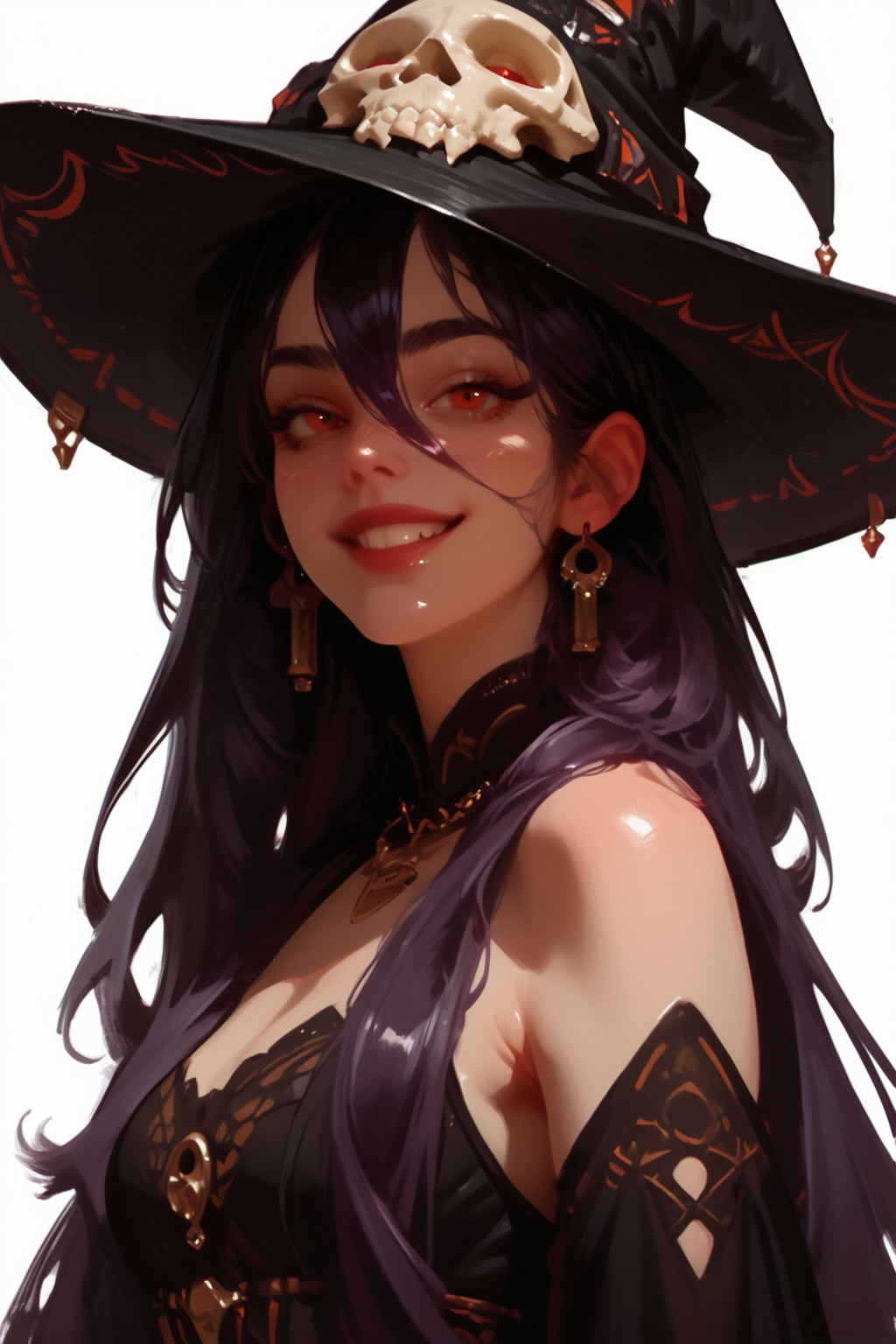 1girl, red eyes, hat, solo, smile, long hair, bare shoulders, witch hat, red hair, looking at viewer, black hair, upper body, skull, hair between eyes, detached sleeves, purple hair, white background,, zPDXL3, detailxl,  Score_PnyReal, (lineless:1.5)