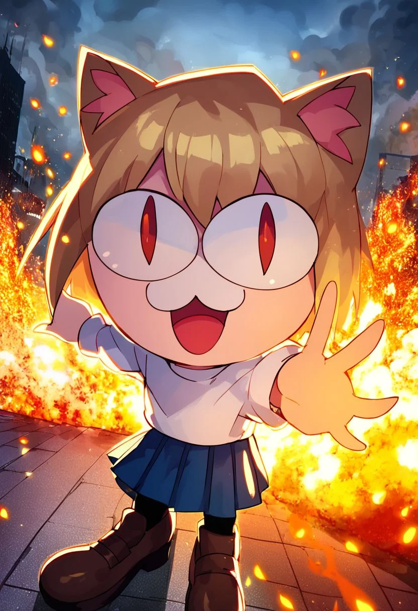 (Explosion, city background, happy expression, blonde hair, red eyes, slit pupils, cat ears, :3, chibi, happy expression, turtleneck, white shirt, blue skirt, pleated skirt, pantyhose, brown footwear, necoarc)
((Dynamic lighting, dynamic pose, high quality, detailed background, detailed photo, beautiful face, high resolution, nighttime, embers, smoke, Looking at viewer, reaching towards viewer, OverallDetail))
score_8_up,score_9, score_7_up,