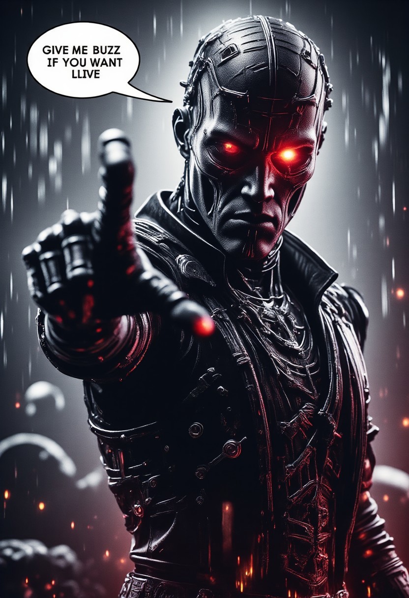 A realistic scene, The terminator, in leather clothing, one robotic red eye, reaching is left hand to the viewer, saying in a large speech bubble, "GIVE ME  BUZZ IF YOU WANT TO LIVE!", on the right hand holds a shotgun,