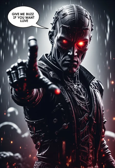 A realistic scene, The terminator, in leather clothing, one robotic red eye, reaching is left hand to the viewer, saying in a large speech bubble, "GIVE ME BUZZ IF YOU WANT TO LIVE!", on the right hand holds a shotgun,