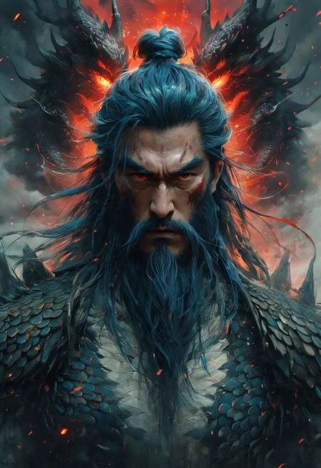 minimalism style, WLOP art style, a character worrior , facial muscles,  eye light, dragon behind, cinematic foootage,  fantasy, intricate details,8k post production,dark blue red white green  gold tone
