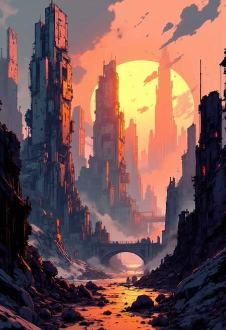 nvinkpunk, This is a digital artwork in the style of ckgr, a sci-fi futuristic cityscape of tall skyscrapers and asymmetrical towers built of marble and obsidian, sunset