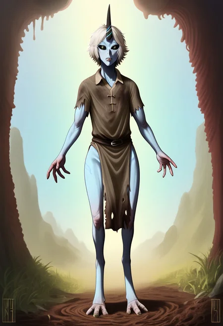 ((Alien humanoid)), solo, androgynous, aquatic features
blue skin, ((webbed skin between fingers)),
((nostrils only, nostril slits, vertical nasal slits, narrow nostrils)):1.6, ((narrow eyes)), ((black sclera, black irises)), smooth skin, pointy ears, small ears, tiny ears, holes in skin, forehead horn, short horn, veiny horn, ((single horn)):1.0, ((4 fingers)), fingernails, thin lips, ((white hair)), ((short hair, spiky hair)), sharp teeth, ((digitigrade legs)), bent legs,
full body shot
ragged clothes, muddy clothes, loincloth, tunic, dirty
Medieval style, fantasy style,
style: 4byss,
((Variety)):1.2
((dutch angle))
river background
fully clothed, loose clothing, clean lines, smooth colors, detailed fingers, sfw, source: semi-realistic, rating: pg, score: 8 up, score: 9