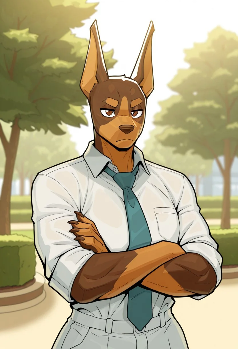 score_9, score_8_up, score_7_up, score_6_up, score_5_up, score_4_up, male, 2d, flat_colors, upper_body, portrait, furry, male, furry, doberman, white dress shirt, tie, serious, brown_eyes, park, trees, arms crossed, solo, brown fur, two-toned fur, park, trees, solo, detailed_fur, body_fur, CeehazStyle style, masterpiece, best quality, amazing quality, very aesthetic, high resolution, ultra-detailed, absurdres, newest, scenery, depth of field, scenery, volumetric lighting, detailed face, detailed body, detailed background, perfect hands, perfect anatomy, masterpiece, high quality, best quality, BREAK, depth of field, detailed fur, photorealistic details, volumetric lighting