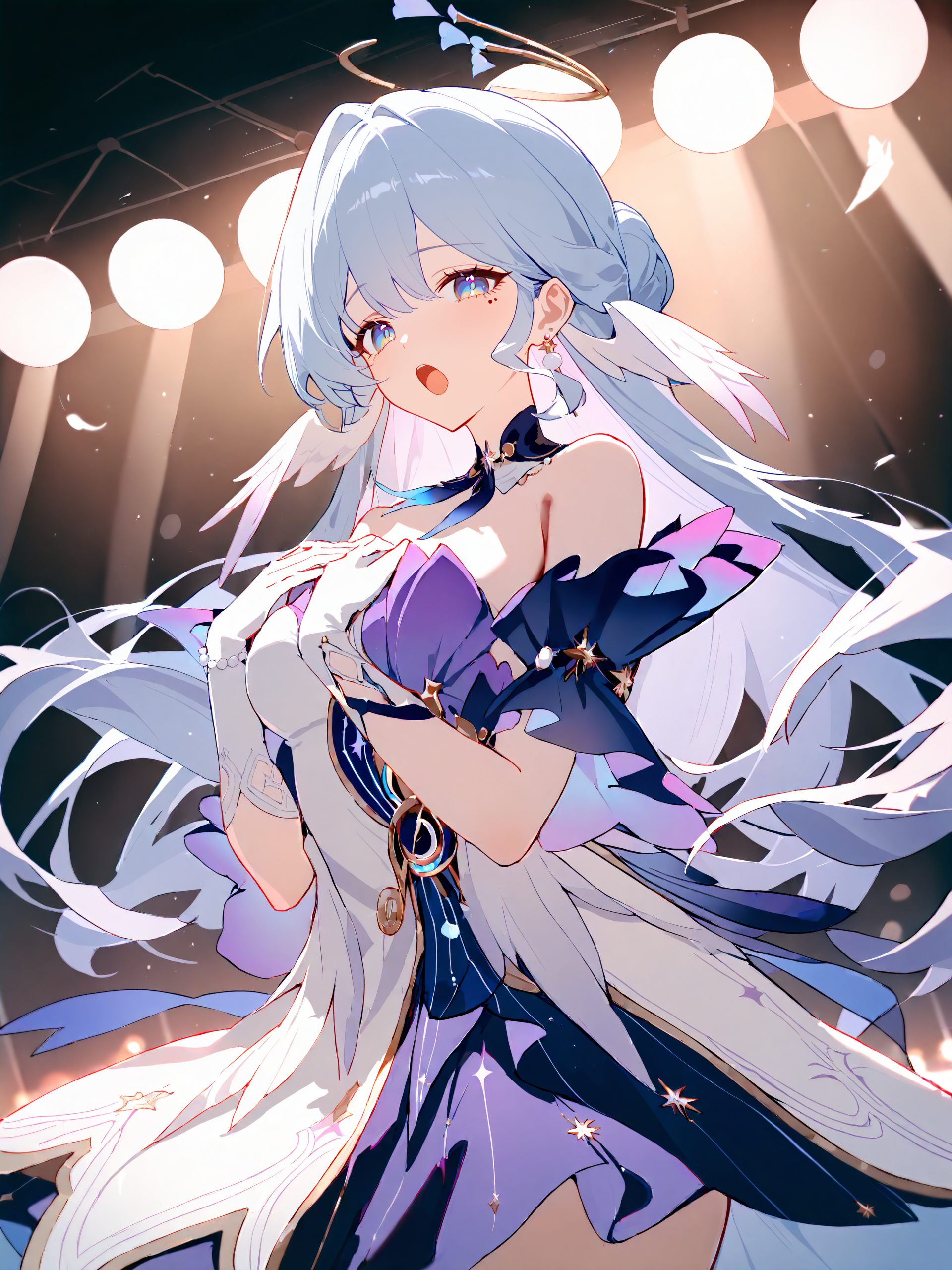 masterpiece, high score, great score, absurdres, (ask \(askzy\), hiten \(hitenkei\):0.5), <lora:Char-HonkaiSR-Robin-V2-XL:1>, 1girl, solo, robin \(honkai: star rail\), halo, head wings, earrings, detached collar, sleeveless dress, detached sleeves, white gloves, cowboy shot, looking at viewer, hands on own chest, standing, looking at viewer, singing, open mouth, stage, stage lights, indoors, depth of field