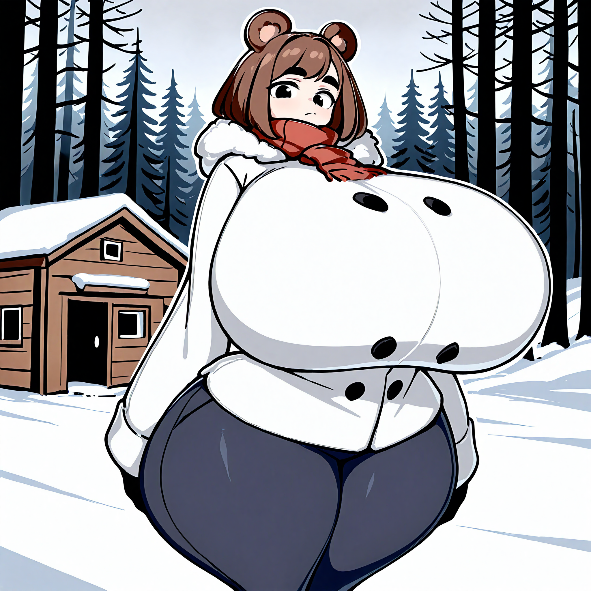 (masterpiece), best quality, (highly detailed), 1female, solo, <lora:Onaeane_style_Illustrious:0.8>, bear ears, brown hair, black eyes, gigantic breasts, wide hips, white winter coat, pants, fitting clothes, forest, snow, cabin, red scarf, looking at viewer, blank expression,