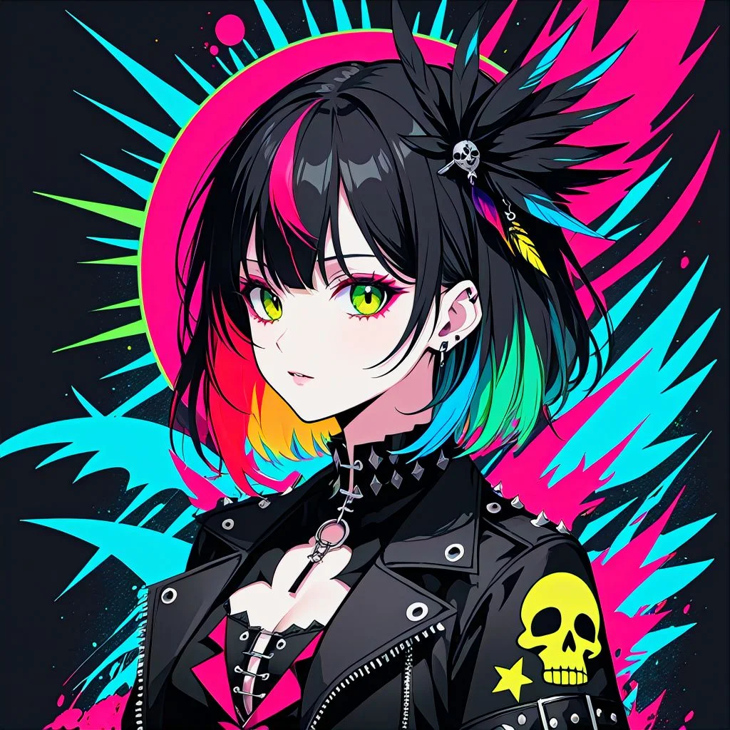Biribiri with primarily black color palette with bright-pink yellow red and blue-green with background in gothic punk art style