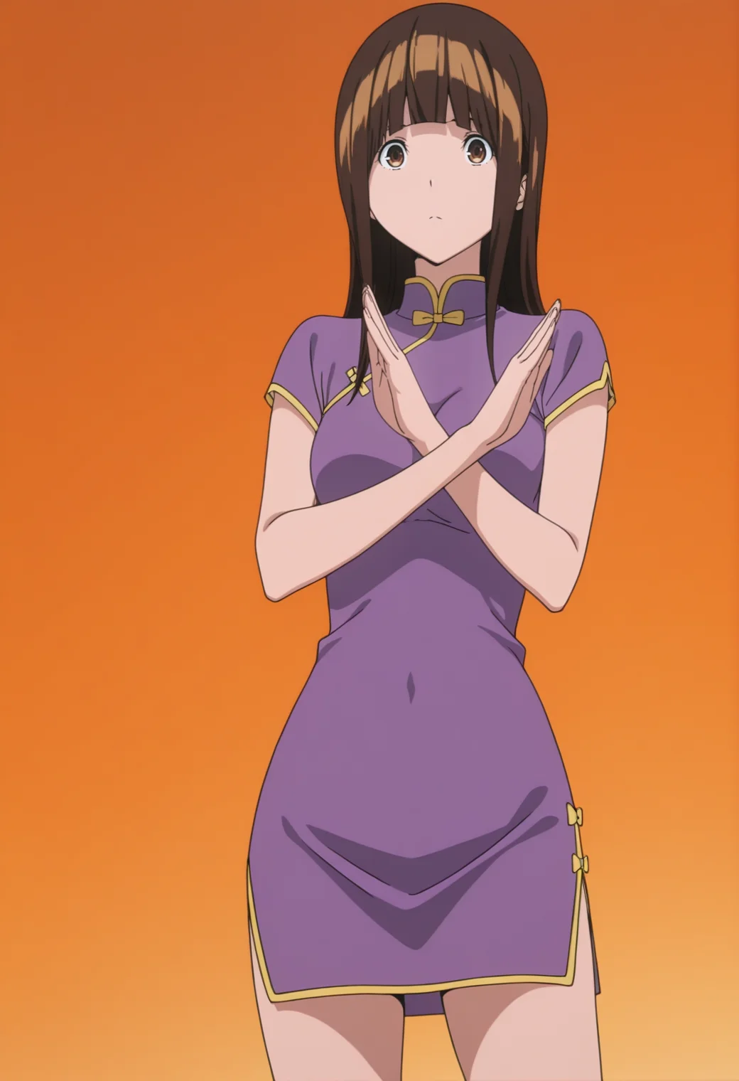 masterpiece, best quality, amazing quality, anime coloring, anime screencap,  1girl,  <lora:DX888MihoIL:1>, azuki miho, brown hair, brown eyes, long hair, blunt bangs,  purple dress,  china dress, short dress BREAK orange  background,  x arms, standing, balancing,,  dynamic pose,  from below,