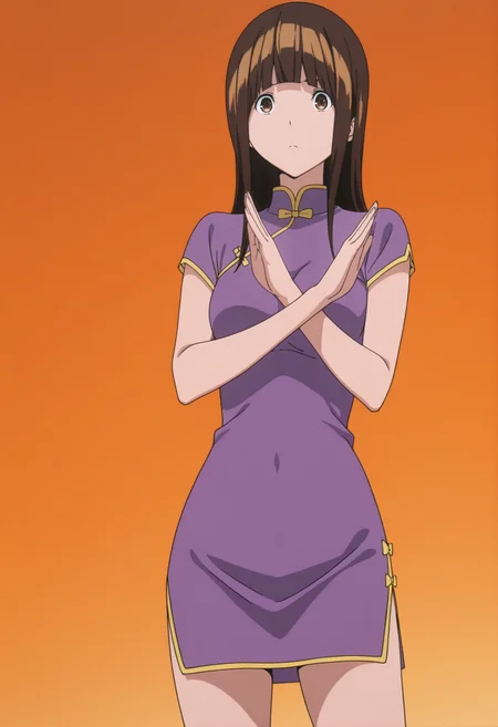 masterpiece, best quality, amazing quality, anime coloring, anime screencap, 1girl, <lora:DX888MihoIL:1>, azuki miho, brown hair, brown eyes, long hair, blunt bangs, purple dress, china dress, short dress BREAK orange background, x arms, standing, balancing,, dynamic pose, from below,