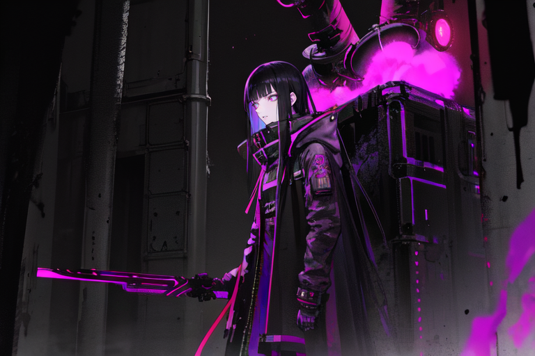 highly insanely detailed, masterpiece, top quality, best quality, highres, 4k, 8k, RAW photo, (very aesthetic, beautiful and aesthetic),  
tsutomu nihei,nihei_tsutomu,blame!,blame gakuen!,abara,TNstyle,sidonia_no_kishi,(hangar,giant room,stairs,mausoleum,deep horizon,city ruins,tunnel), 
<lora:blamev2:0.6>, 
(1girl:1.3), 
solo focus, 
neon black background,neon purple background,(tie-dye color background,colored camouflage background,colored smoke background),âââ