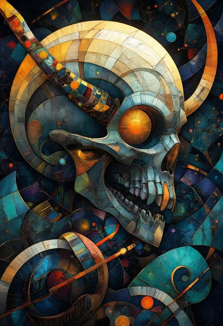 scifi fantasy illustration, A weathered grey demon monster skull, facing the viewer, clutched by a talon, the talon pierces and shatters points on the skill. Awe-Inspiring and Vulgar, Glowing Amber Eyes, Fairy-Tale, side lit, in the style of realistic hyper-detailed portraits, dark white and orange, classicist portraiture, dark gold and aquamarine, realist detail, hard edge, technological marvels, aidmasoftglow