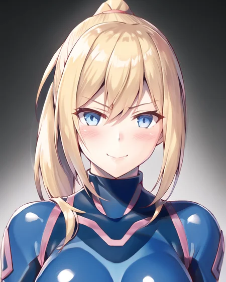 1girl, best quality, solo, perfect face, portrait, samus aran, milf, mature female, ((blonde hair)), blue eyes, ponytail, upper body, soft lighting, shy, seductive smile, closed mouth, speedl00ver-8000, ((zero suit)), bodysuit, realistic,