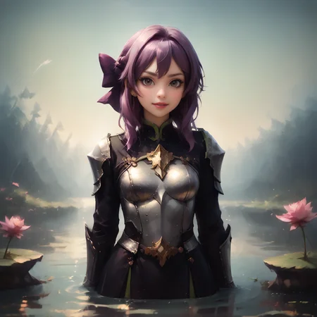 score_9_ score_8, score_8_up, score_7_up, <lora:ShinoaXL1:1>, SHINOARND, PURPLE HAIR, BROWN EYES, BRAIDED HAIR, PURPLE HAIR BOW, medium breast, slim, short skirt , <lora:Armor from HaDeS XL v3.4 Lite:1>, (silver armor:1.3) ,intricate metalwork, master craftsmanship, detailed patterns, silver plate armor, (leg armor), exquisite leather work, standing in middle of lake, submerged in water, mowing her fingers thru water, ultimate level of details, masterful lightning, looking at viewer, zPDXL , <lora:Smooth Anime 2 Style SDXL_LoRA_Pony Diffusion V6 XL:0.8>, <lora:princess_xl_v2:0.6>, , <lora:add-detail-xl:0.8> anime, <lora:d4rk01lXLP:0.8> d4rk01l, (incredibly absurdres, (high resolution:1.18), intricate detail, (masterpiece:1.1), (highest quality:1.1), absurdres), best quality