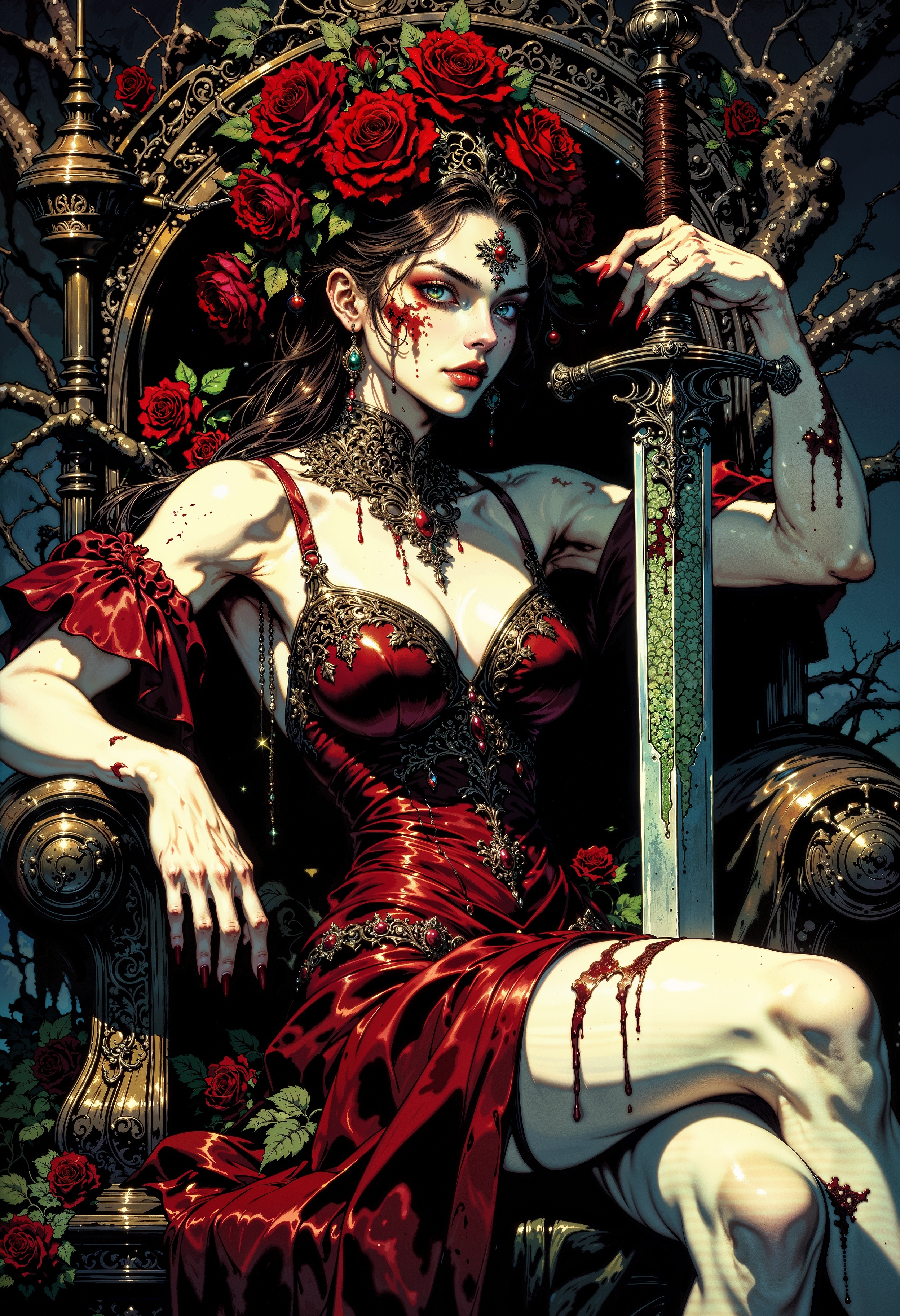 A mid-shot of a female figure seated upon a throne of intertwining brambles and thorns, her posture both elegant and menacing. Her pale, ethereal skin is marred by thin, blood-red lines where the thorns have pressed too deeply, yet she wears the wounds like jewels. Her gown, woven from deep crimson petals and dark vines, shifts with a life of its own, curling protectively around her form. A crown of dark roses and razor-sharp thorns rests upon her brow, dripping with dewdrops that shimmer like blood in the dim light. Her eyes, a piercing shade of violet, glimmer with a quiet, ruthless power. One delicate hand rests on the hilt of a long, twisted dagger, its blade laced with venomous green veins. The air around her is thick with the sweet, suffocating scent of roses and decay, a warning and a lure in equal measure. 
<lora:RetroAnimeFluxV1:0.5> <lora:Comic book V2:0.6> <lora:FluxMythG0thicL1nes:0.6> <lora:Elden_Ring_-_Yoshitaka_Amano:0.6>