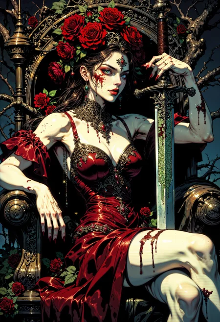 A mid-shot of a female figure seated upon a throne of intertwining brambles and thorns, her posture both elegant and menacing. Her pale, ethereal skin is marred by thin, blood-red lines where the thorns have pressed too deeply, yet she wears the wounds like jewels. Her gown, woven from deep crimson petals and dark vines, shifts with a life of its own, curling protectively around her form. A crown of dark roses and razor-sharp thorns rests upon her brow, dripping with dewdrops that shimmer like blood in the dim light. Her eyes, a piercing shade of violet, glimmer with a quiet, ruthless power. One delicate hand rests on the hilt of a long, twisted dagger, its blade laced with venomous green veins. The air around her is thick with the sweet, suffocating scent of roses and decay, a warning and a lure in equal measure. 
<lora:RetroAnimeFluxV1:0.5> <lora:Comic book V2:0.6> <lora:FluxMythG0thicL1nes:0.6> <lora:Elden_Ring_-_Yoshitaka_Amano:0.6>