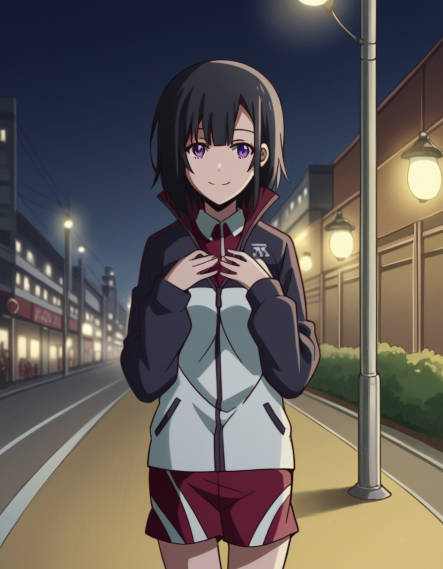 score_9, score_8_up, score_7_up, source_anime, <lora:yuika-shiwahime-s1-ponyxl-lora-nochekaiser:1>, yuika shiwahime, short hair, black hair, purple eyes,, shirt, jacket, necktie, shorts, sleeves past wrists, track jacket,, city street, evening, streetlights, walking dog, quiet neighborhood, gentle breeze, smile, , hands on own chest,, solo,, dutch angle, cowboy shot