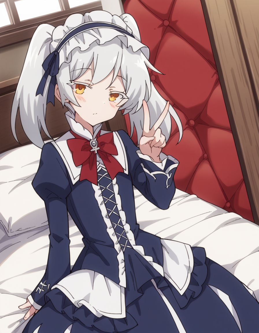 score_9, score_8_up, score_7_up, source_anime, <lora:isekaismartphone-leen-s2-ponyxl-lora-nochekaiser:1>, leen, ribbon, twintails, yellow eyes, white hair,, dress, blue dress, long sleeves, frilled dress, red bowtie, puffy sleeves, frilled skirt, skirt, blue skirt, headdress, frille headdress,, indoors, bed, bed room, on side, blush, drunk,, , v, v over eyes,, looking at viewer, solo,, dutch angle, cowboy shot