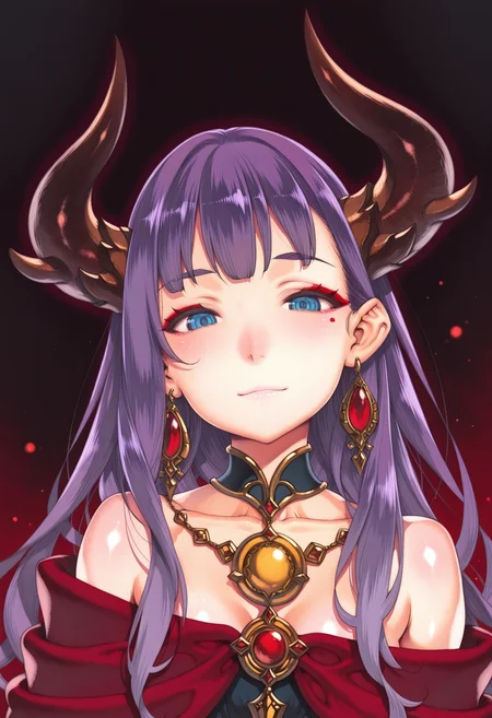 1girl, young girl, brown horns, long bull horns, golden amulet, blue eyes, purple hair, long hair,makeup, jewelry, earrings, red eyeshadows,
looking at viewer, eye contact, dark fantasy, high quality eyes,
<lora:xxFSxxIL-style:1>,xxfsxx,masterpiece,best quality,amazing quality,