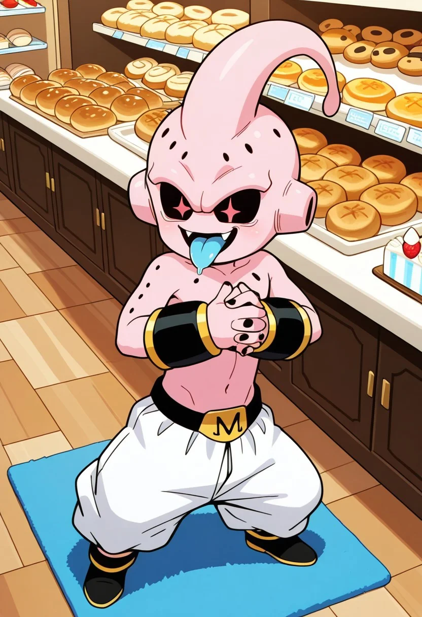 masterpiece, amazing quality, absurdres, ultra-detailed, no humans, solo, short,
1boy, k1dbuu, pink skin, black sclera, red eyes, sparkling eyes, very big eyes, body holes, ear holes, black nails, antenna, no nose, lowleg pants, white baggy pants, belt, black armbands, black ankle bands, gold trim, smile, open mouth, fang, tongue out, blue tongue, saliva, sparkle, happy, shiny skin, perfect hands, 5 fingers, cute, own hands together, interlocked fingers, standing, legs apart, full body,
BREAK
indoors, bakery, candy shop, cake, candy, cookie, counter, wooden floor, carpet, shadow, detailed shading, WaiIL25PosC