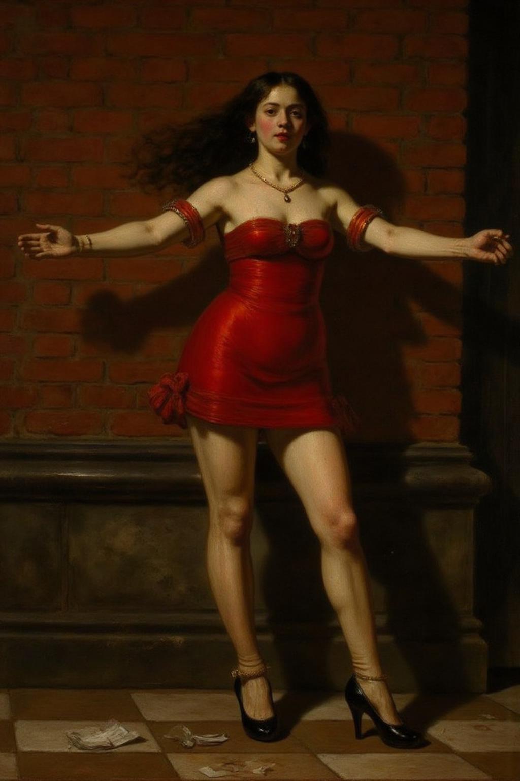 rembr2 oil painting of woman leaning against a brick wall, set in an urban environment. She has long black hair flowing loosely and wears a short, strapless red dress that clings to her figure, emphasizing a sense of motion and sensuality. Her pose is dramatic, with her arms stretched against the wall and her head tilted slightly back, exuding a sense of vulnerability and allure. She is wearing black high-heeled shoes, and the ground below features scattered papers and debris, adding a gritty urban atmosphere. The brick wall and stone base provide a textured backdrop with warm tones, contrasting with the bold red of her dress.   <lora:rembr_paint1_semicap_d6a3:1.0><lora:812153967787349246:0>
