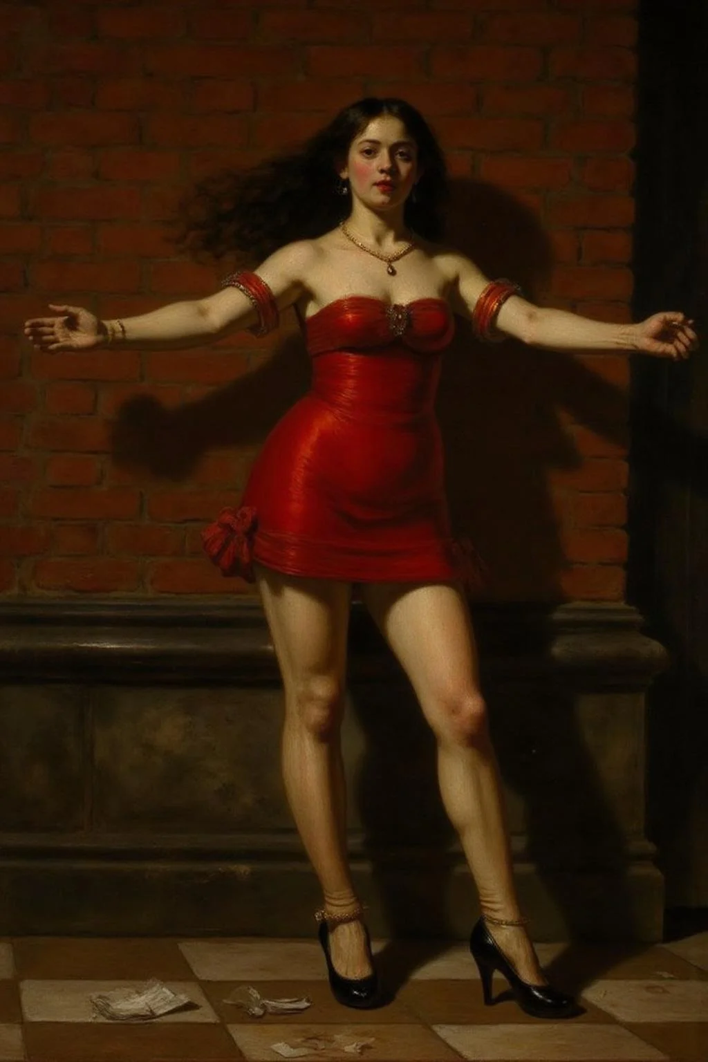 rembr2 oil painting of woman leaning against a brick wall, set in an urban environment. She has long black hair flowing loosely and wears a short, strapless red dress that clings to her figure, emphasizing a sense of motion and sensuality. Her pose is dramatic, with her arms stretched against the wall and her head tilted slightly back, exuding a sense of vulnerability and allure. She is wearing black high-heeled shoes, and the ground below features scattered papers and debris, adding a gritty urban atmosphere. The brick wall and stone base provide a textured backdrop with warm tones, contrasting with the bold red of her dress. <lora:rembr_paint1_semicap_d6a3:1.0><lora:812153967787349246:0>
