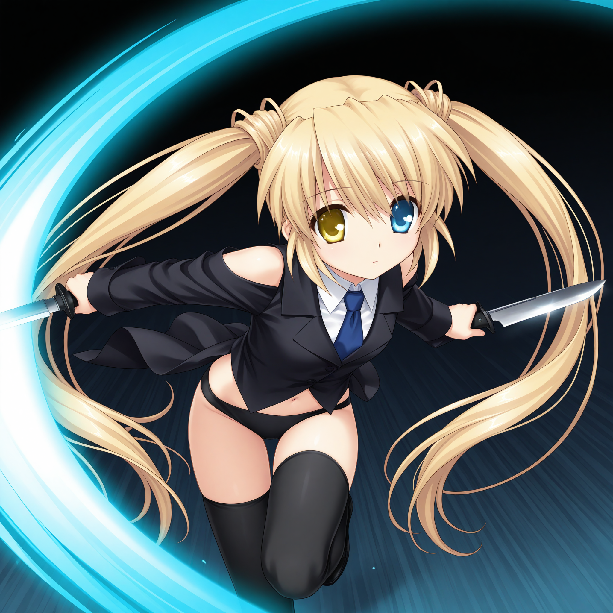 <lora:Nakatsu_Shizuru_1_nai-000030:1>,official art,Nakatsu Shizuru,twintails,
black thighhighs,shoulder cutout,black panties,detached sleeves,long sleeves,black jacket,white shirt,blue necktie,midriff,collared shirt,
BREAK
1girl,solo,holding knife,dual wielding,incoming attack,slashing,dark,leaning forward,running,expressionless,looking at viewer,glowing,standing on one leg,
