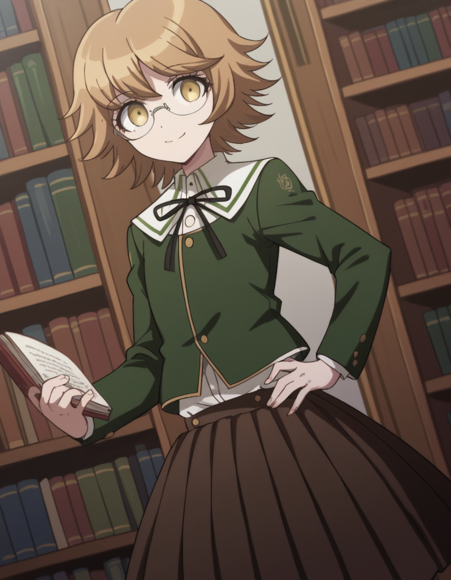 score_9, score_8_up, score_7_up, source_anime, <lora:chihiro-fujisaki-s1-ponyxl-lora-nochekaiser:1>, chihiro fujisaki, short hair, bangs, brown hair, brown eyes, male focus, otoko no ko,, skirt, shirt, long sleeves, ribbon, school uniform, jacket, pleated skirt, black ribbon, neck ribbon, brown skirt, green jacket,, library, reading books, glasses, quiet, focused, shelves of books, smile, looking at viewer, hand on hip, solo,, cowboy shot, dutch angle