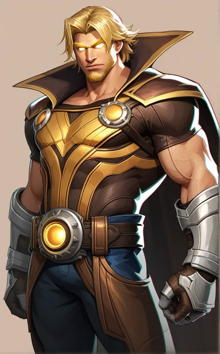 score_9, score_8_up, score_7_up, absurdres, <lora:PONYXL_STYLE_MarvelRivels_ownwaifu:1>, BREAK PONYXL_STYLE_MarvelRivels_ownwaifu, looking at viewer, blonde hair, simple background, 1boy, closed mouth, weapon, male focus, cowboy shot, cape, armor, tattoo, muscular, glowing eyes, facial hair, brown background, manly, white eyes, no pupils, standing, belt, gloves, shadow, veins, vambraces, blank eyes, superhero<lora:add-detail-xl:0.15>,