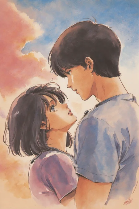 short hair, 1girl, black hair, 1boy, shirt, signature, sunset, upper body, short sleeves, looking at another, profile, eye contact, blue shirt, couple, traditional media, white shirt, watercolor \(medium\),<lora:Hiroyuki Kitazume _XL:0.8>