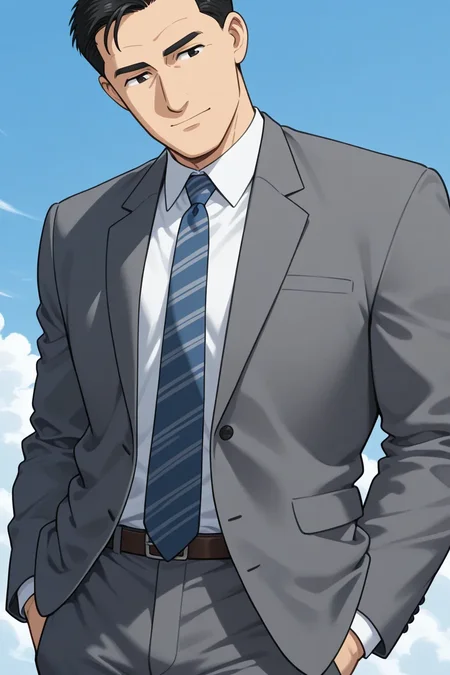 <lora:inogashira_goro_ilxl:1>masterpiece, best quality, inogashira_goro_ilxl. 1boy, male focus, solo,  formal, suit, upper body, blue sky, cowboy shot