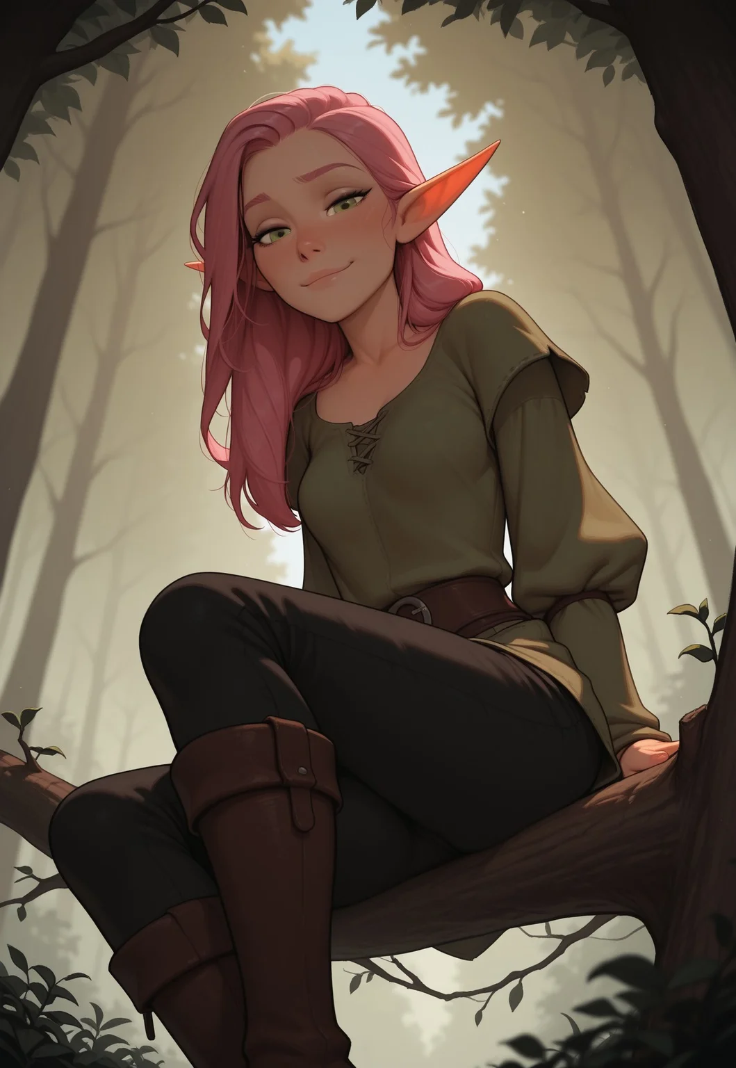 masterpiece, best quality, amazing quality, very aesthetic, DISNEY_ANIMATION, incoth, (incase:0.6), female, solo, (depth of field), medieval setting, forest, day time
elf, pink hair, green eyes, cute face, slender, small breasts, long hair swept to one side, short elf ears, short ears
Green shirt, black pants, leather boots
sitting on branch, looking at viewer, soft smile, view from below