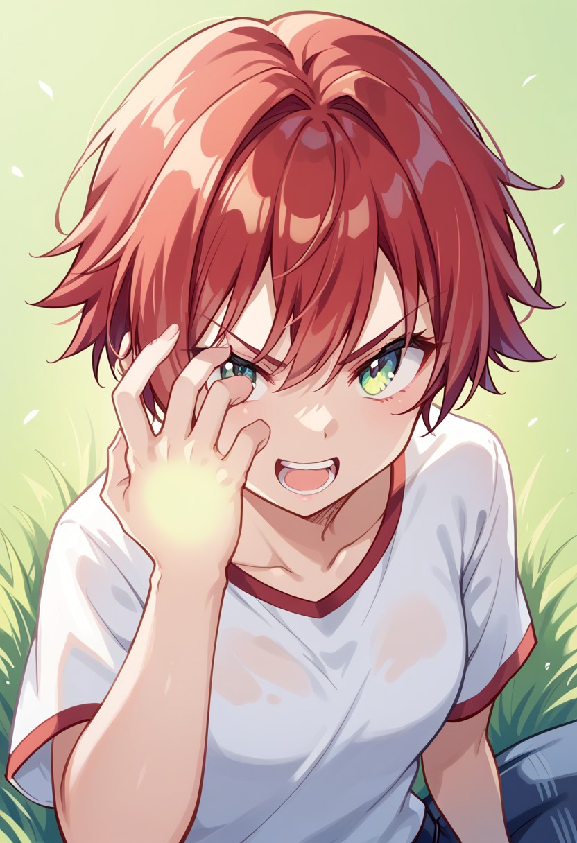 score_8, score_8_up, score_7_up, 1girl, female focus, solo, shyai_fin, hand up, glowing hand, open mouth, short hair, red hair, tomboy, t-shirt, white shirt, grass, plain
